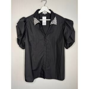 NWT WoWo Boutique Pearl Collar Button Down Puff Sleeve Black Top Women's 2XL